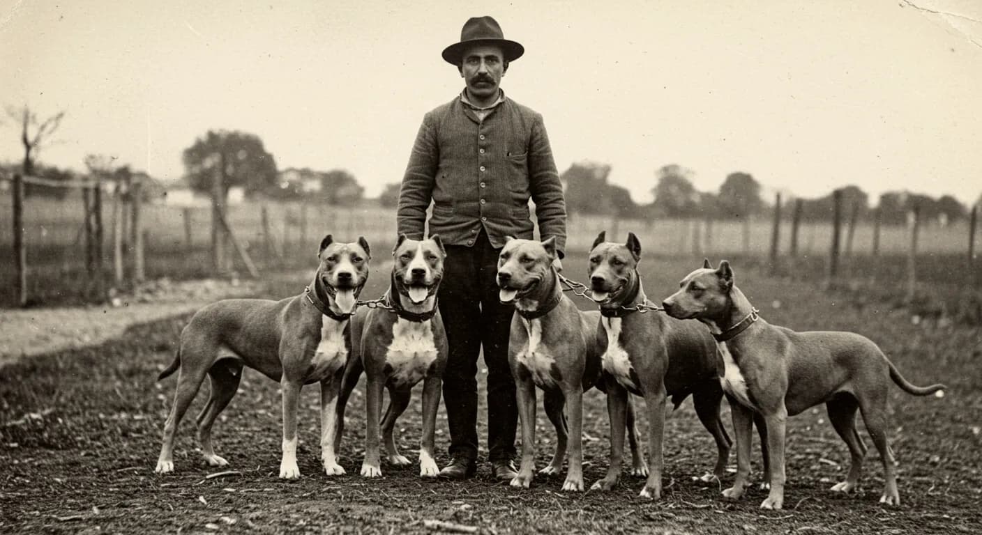 A vintage black-and-white photo of Antonio Nores Martínez with his early Dogo Argentino specimens.
