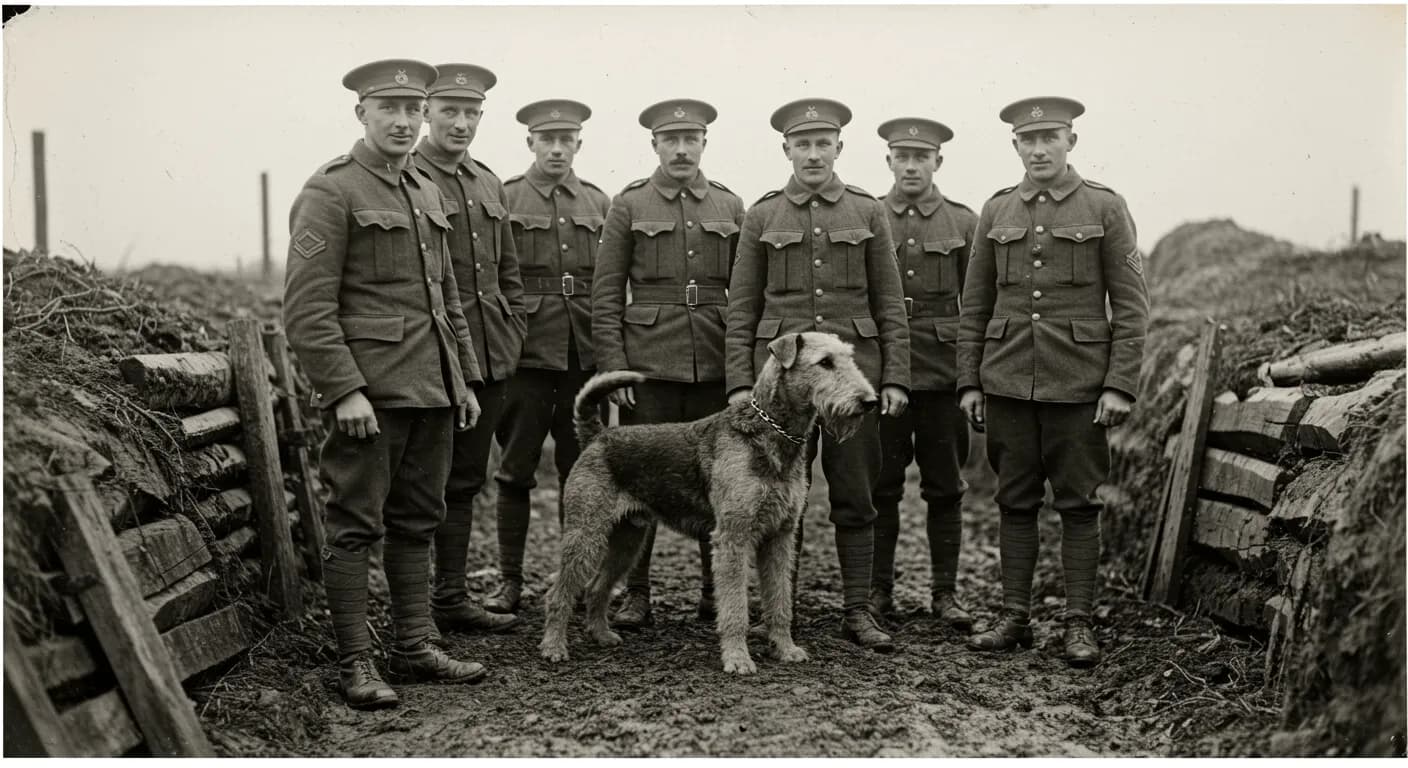 A vintage photo of an Airedale Terrier alongside British soldiers during World War I