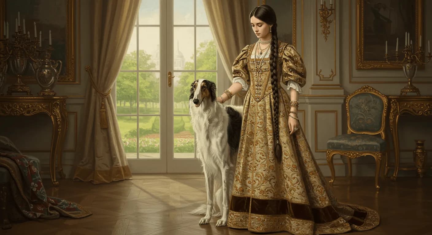 A vintage 19th-century portrait of a Russian princess posing with her Borzoi inside a grand palace