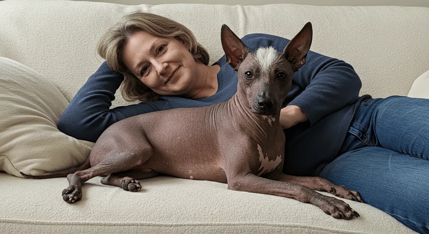 A Xoloitzcuintli lying on a couch beside their owner, both looking relaxed and content