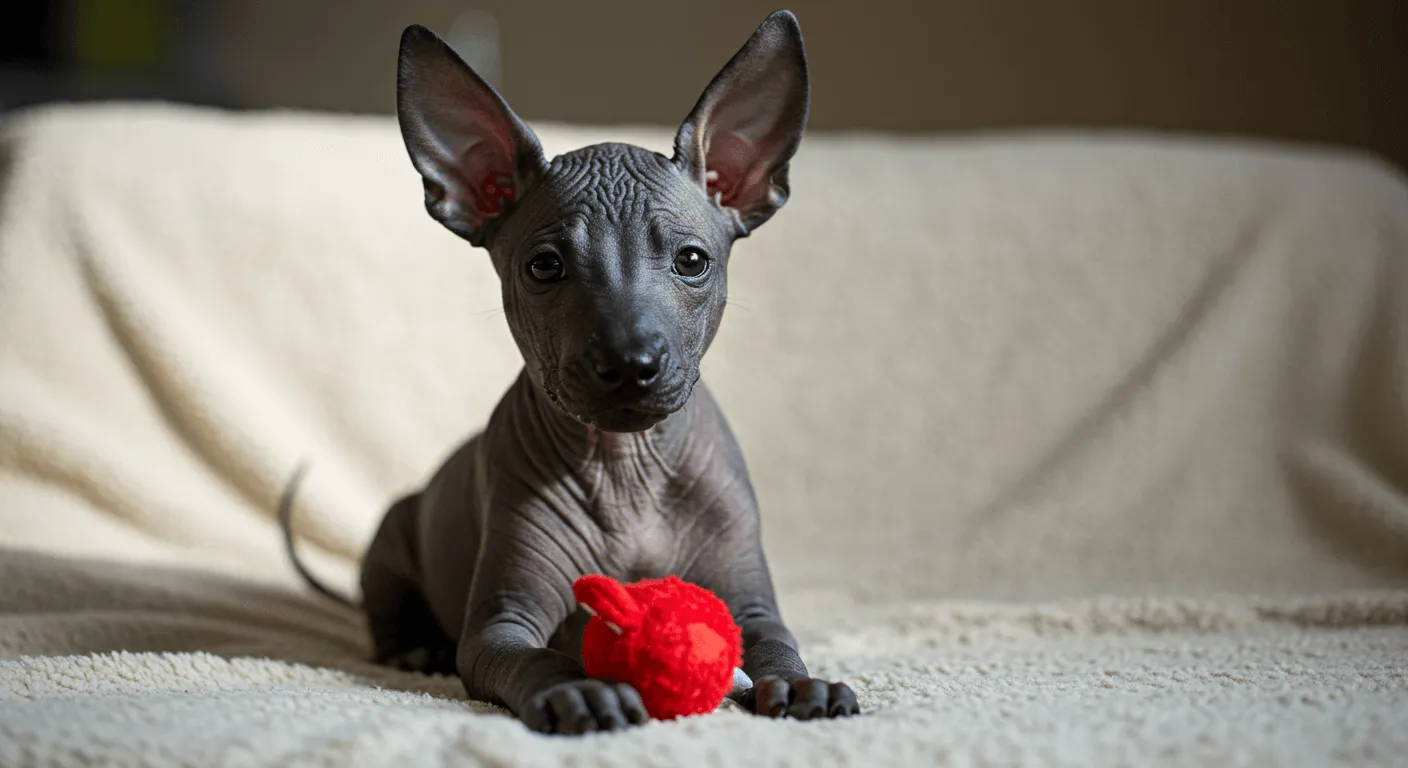 A Xoloitzcuintli puppy sitting on a blanket with a soft toy, looking alert with large ears perked up