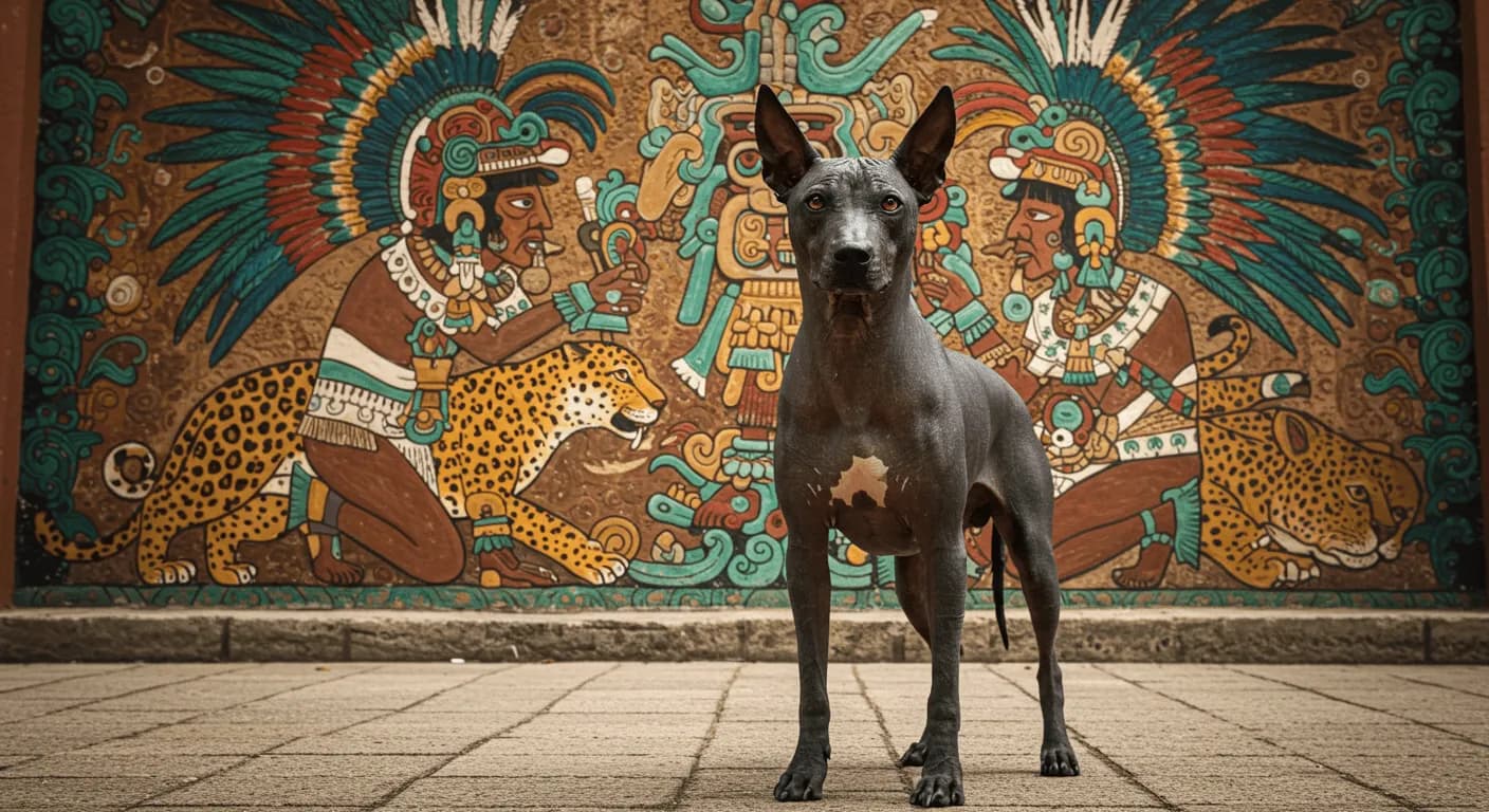 A Xoloitzcuintli standing next to traditional Mexican art representing Aztec deities