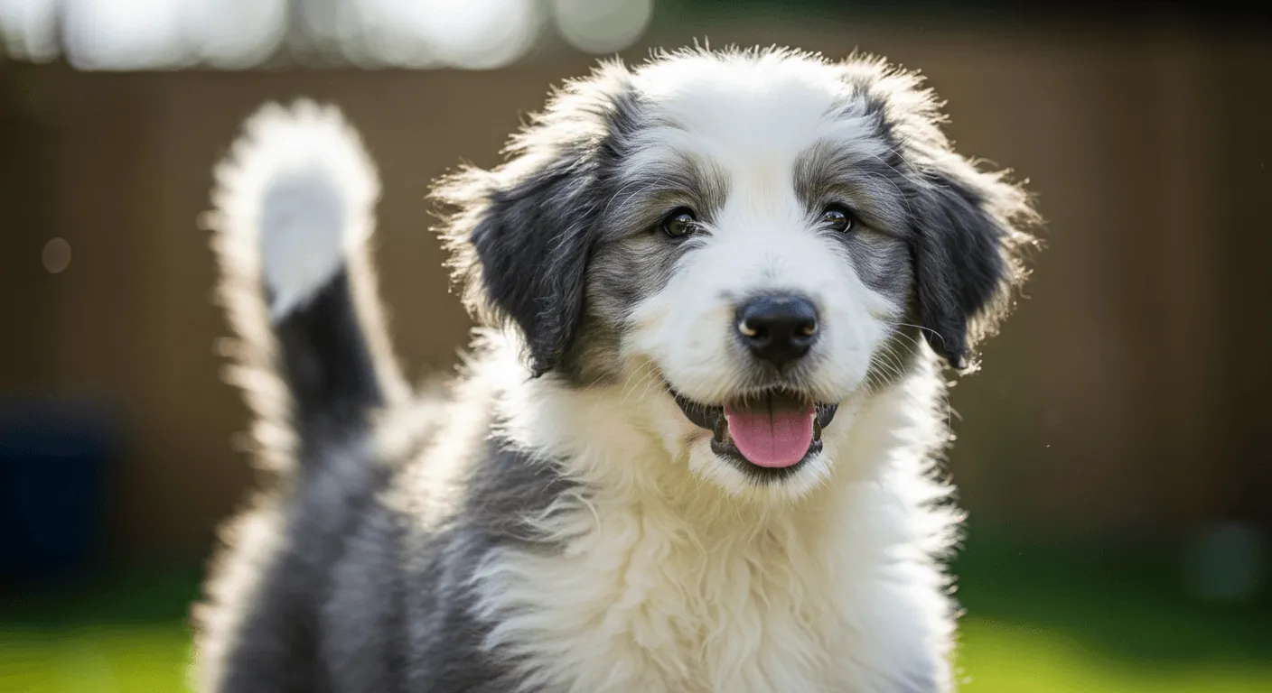 A young Old English Sheepdog puppy with a natural fluffy tail wagging excitedly