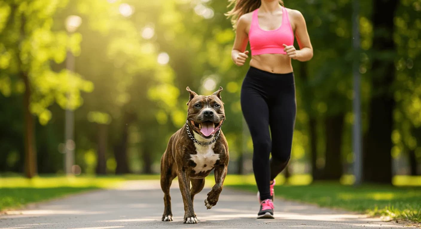 American Staffordshire Terrier jogging beside a woman in workout gear