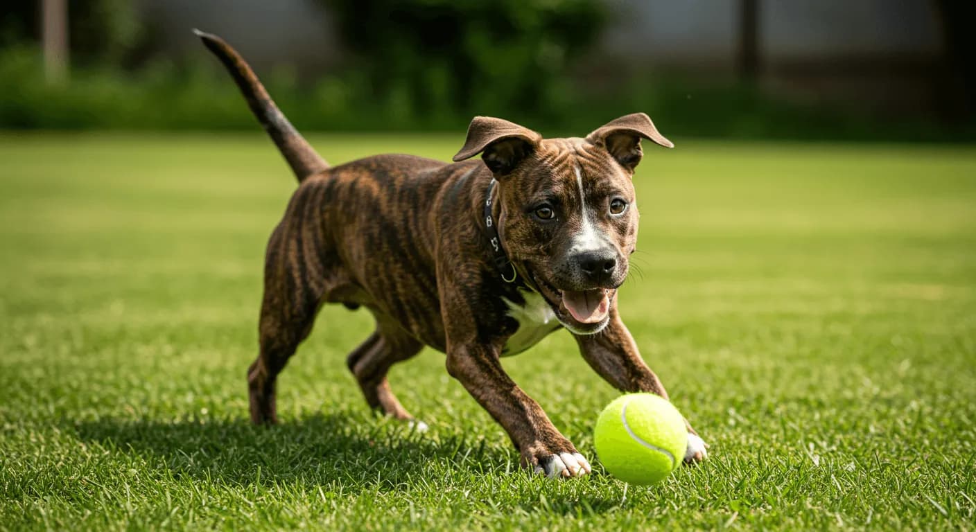 American Staffordshire Terrier puppy playing with a tennis ball on a green lawn