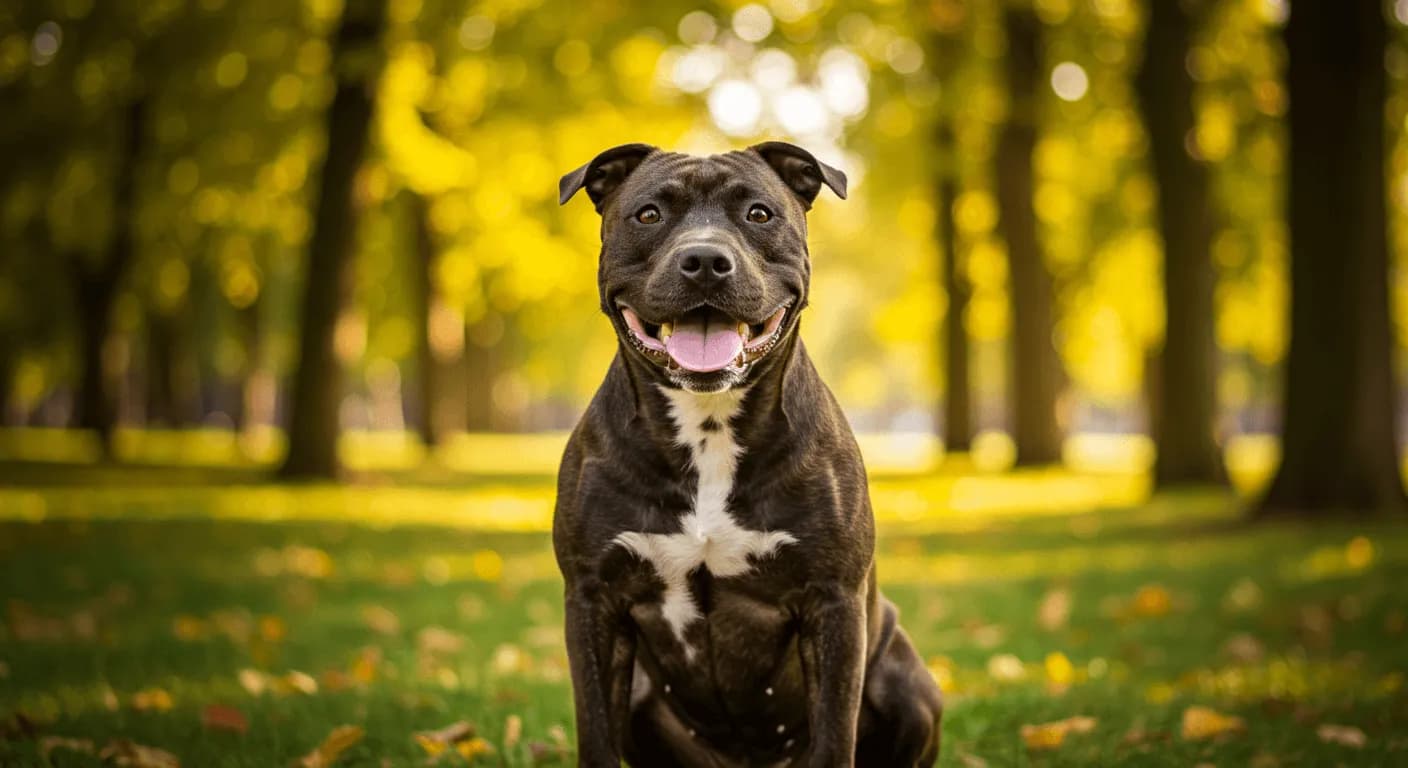 American Staffordshire Terrier sitting proudly in a sunlit park
