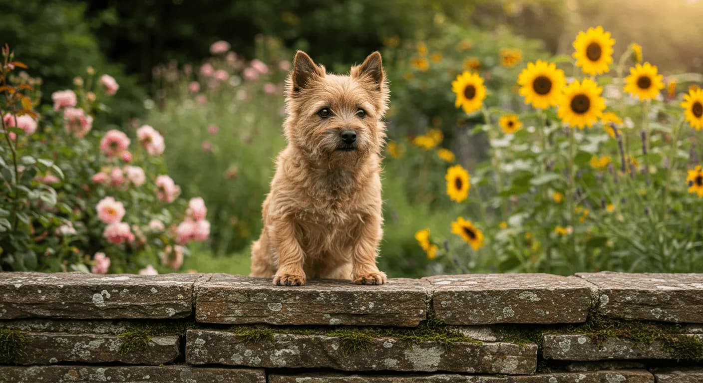 An alert Cairn Terrier with its front paws on a garden wall, gazing into the distance