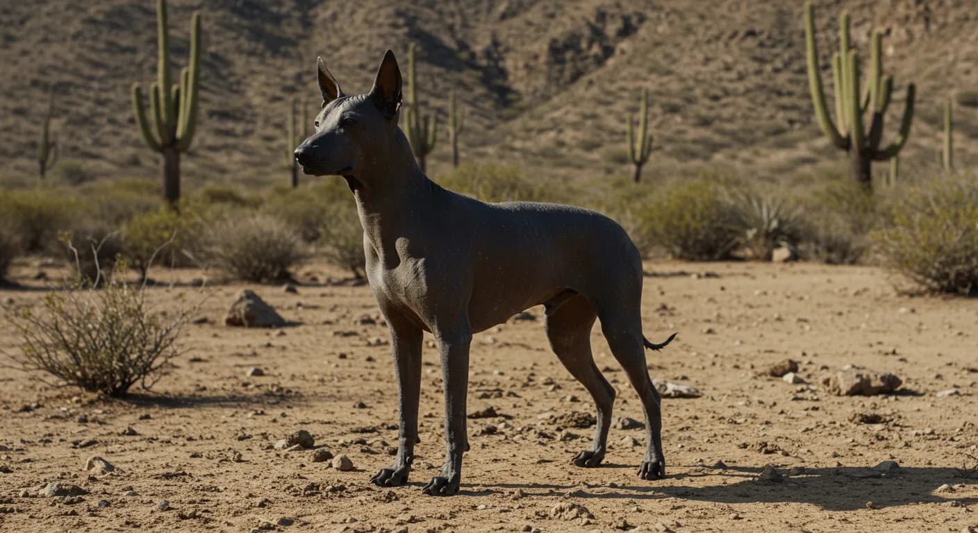 An ancient Xoloitzcuintli standing in a dry, rocky Mesoamerican landscape, capturing the breed's ancestral environment.