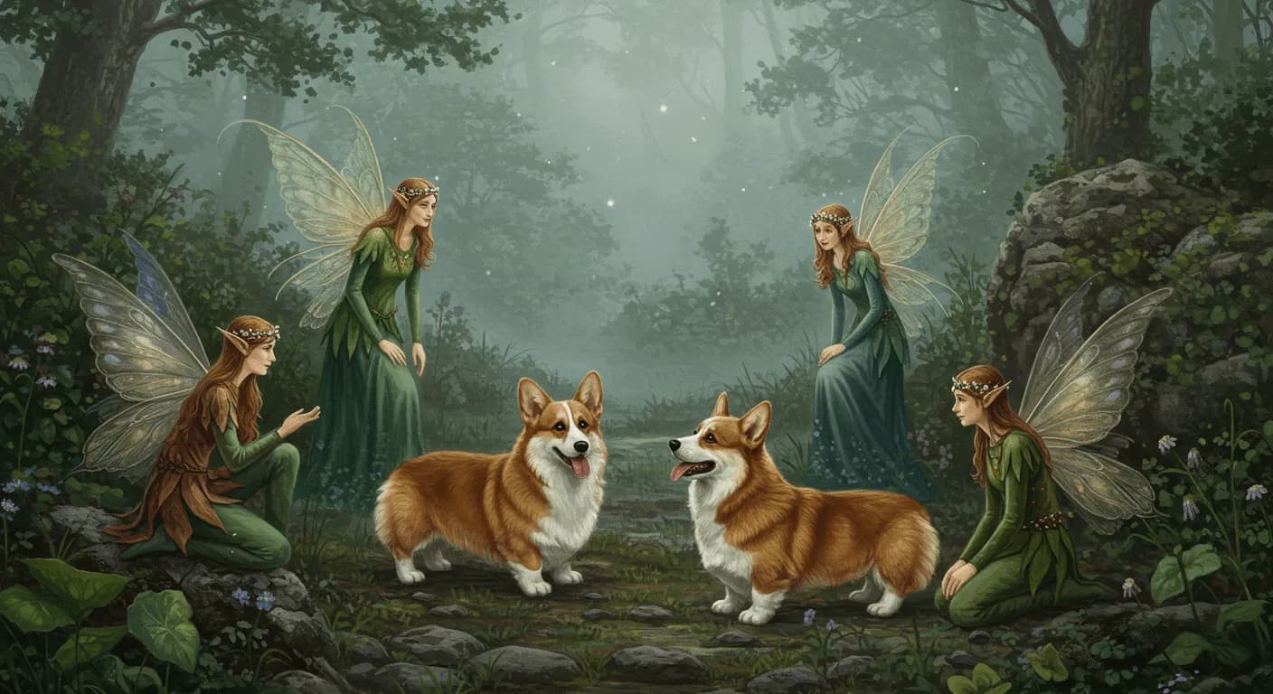 An artistic illustration depicting Welsh fairies with Pembroke Welsh Corgis in a misty Celtic landscape, showcasing the mythological connection between the breed and fairy folklore
