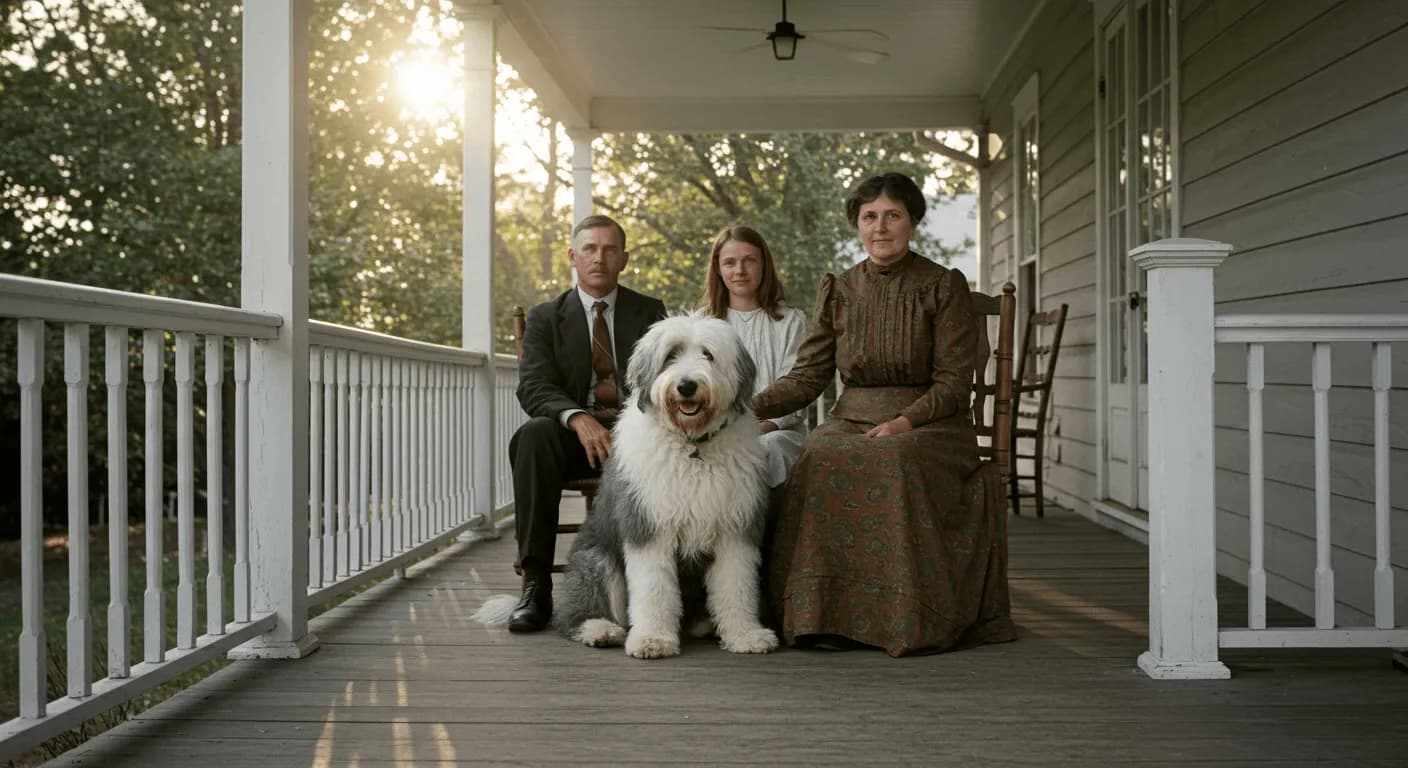 An early 20th-century American family posing with their Old English Sheepdog on a porch