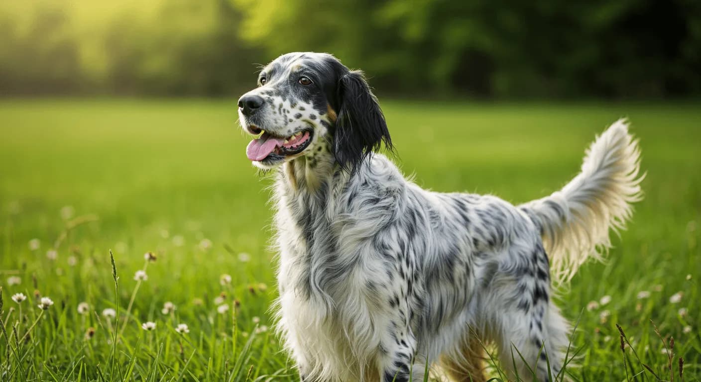 An elegant English Setter standing in a grassy field with a gentle expression