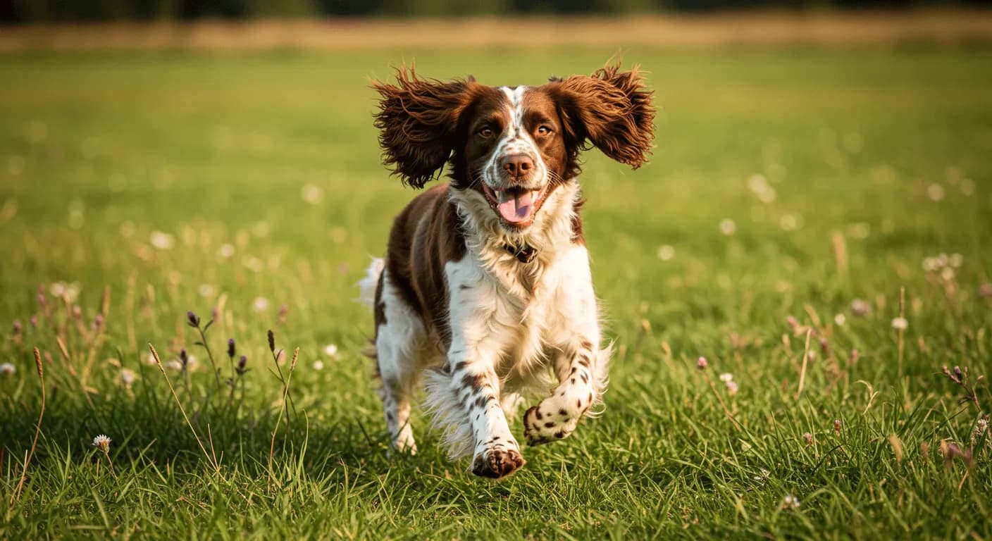 An energetic and happy English Springer Spaniel running through a grassy field on a sunny day