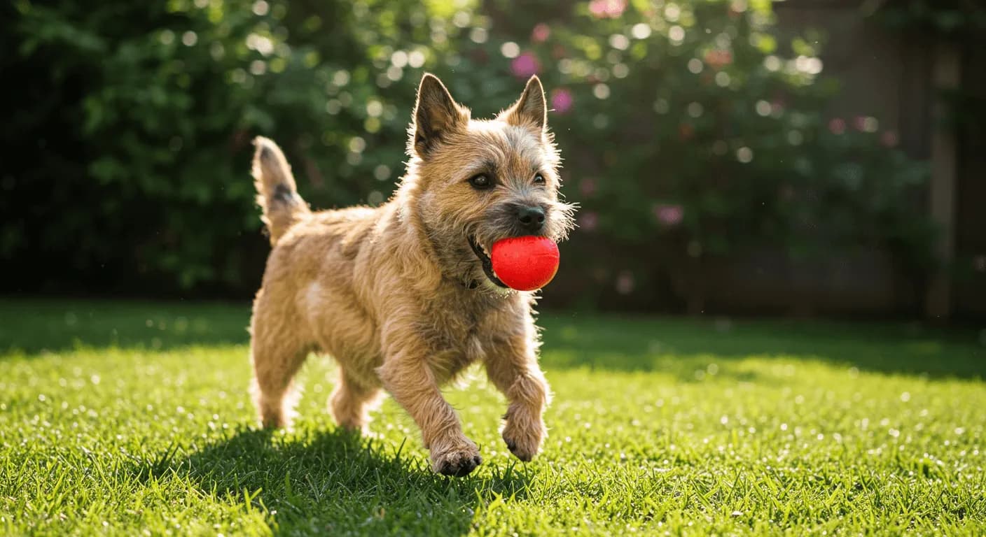 An energetic Cairn Terrier playing in a sunny backyard with a toy in its mouth