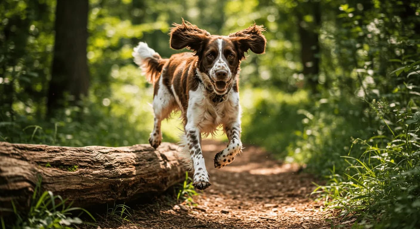 An English Springer Spaniel leaping over a log while running through a trail on a hike