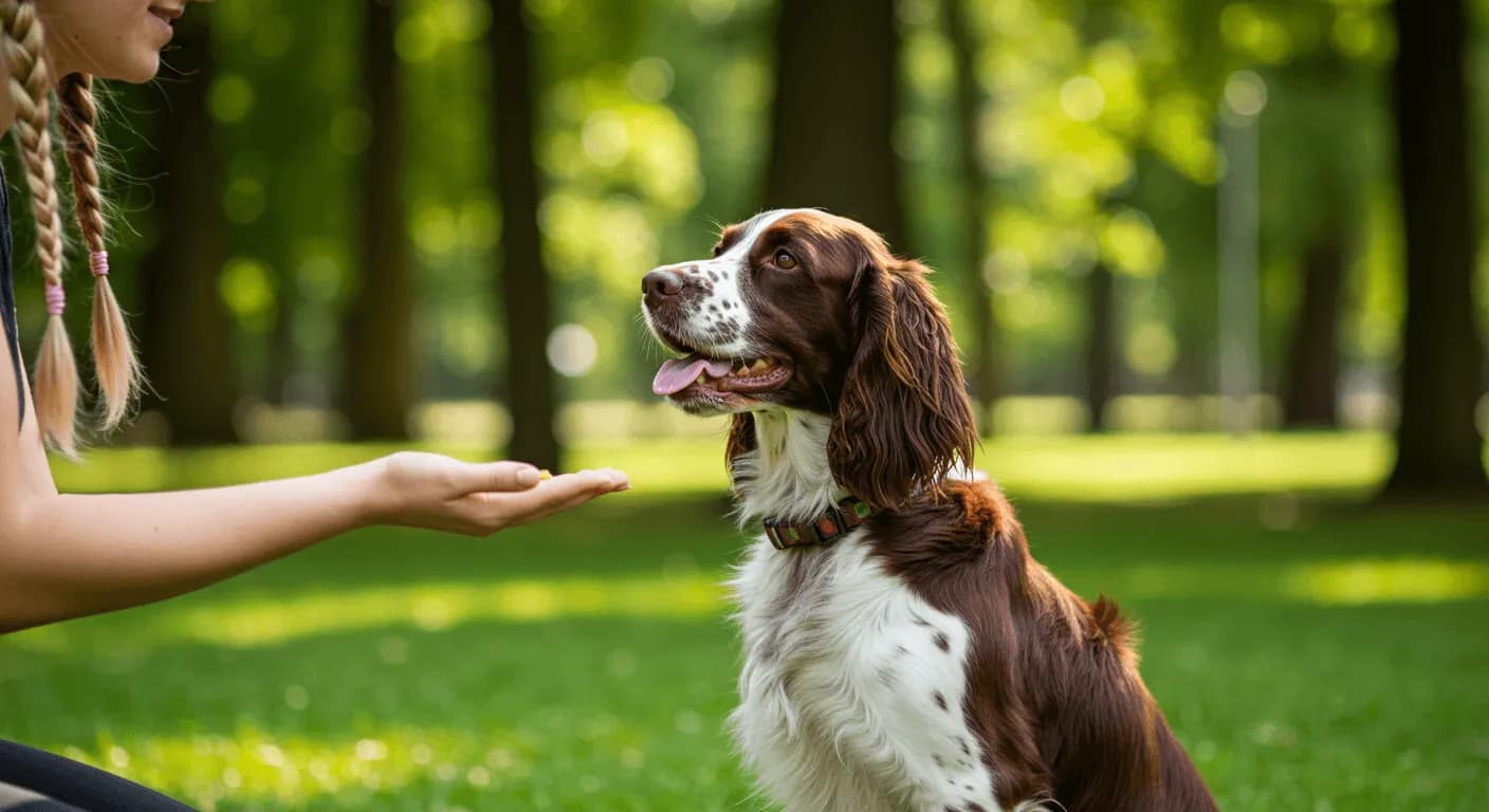 An English Springer Spaniel sitting attentively in a training session at a park, with treats visible in the handler’s hand