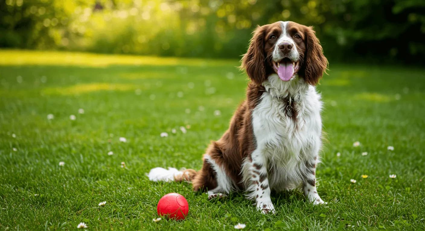 An English Springer Spaniel sitting happily in a grassy backyard with a toy nearby