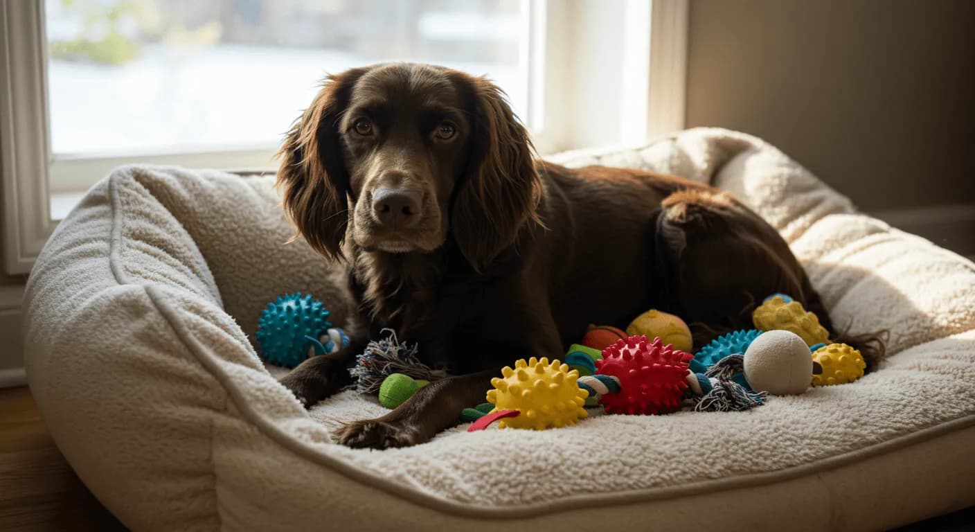 Boykin Spaniel lounging indoors on a cozy dog bed with toys nearby