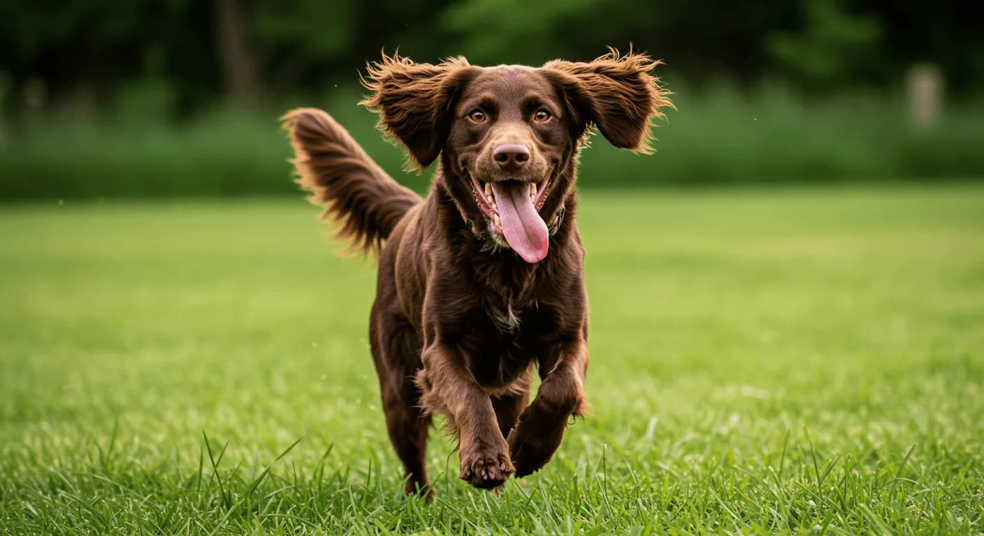Boykin Spaniel running happily with tongue out in a grassy field