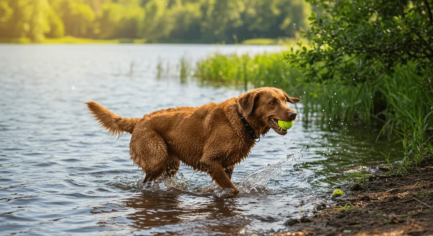 Chesapeake Bay Retriever playing fetch near a lake on a sunny day