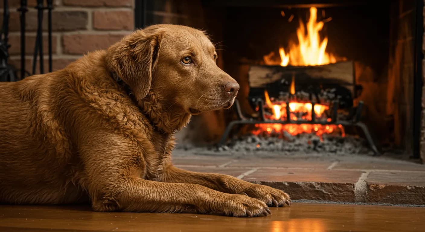 Chesapeake Bay Retriever resting near a fireplace after an outdoor adventure