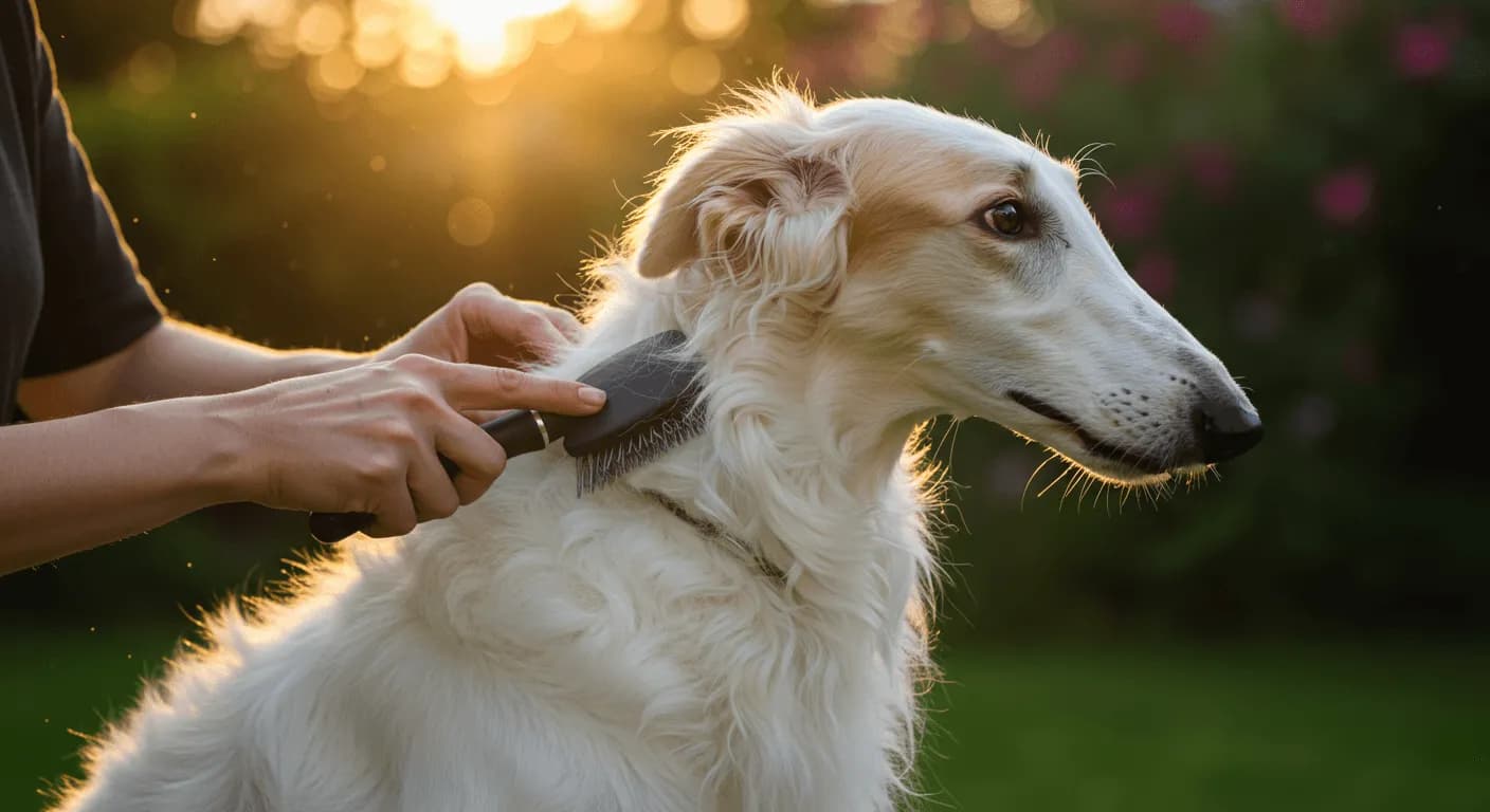 Close-up of a Borzoi being brushed by its owner in a sunlit yard, highlighting coat care