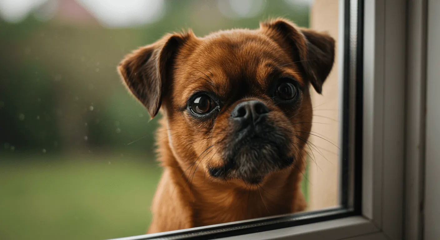 Close-up of a Brussels Griffon peeking out from a window, showing its inquisitive expression