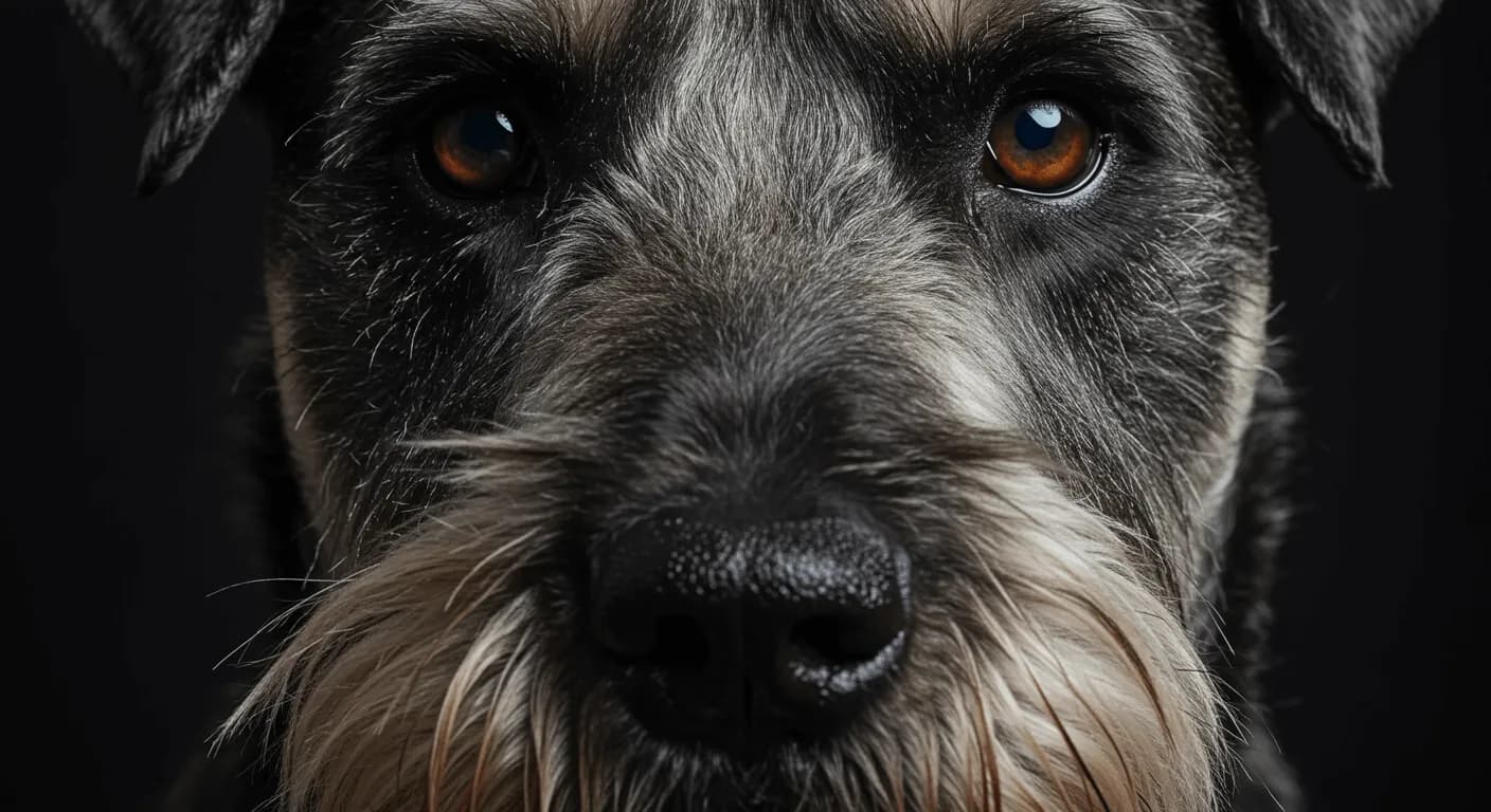 Close-up of a Giant Schnauzer’s face showing detailed facial hair and alert eyes
