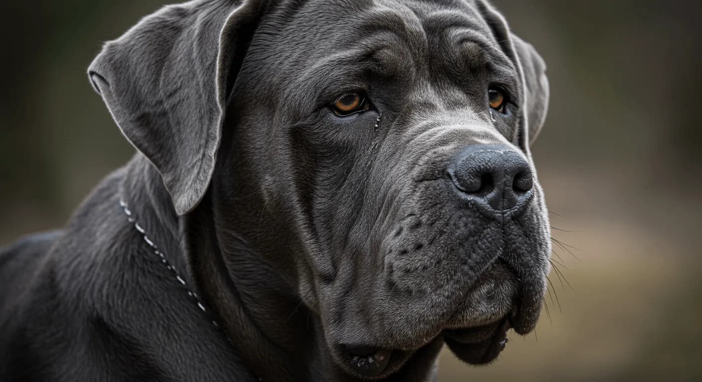 Close-up of a Neapolitan Mastiff highlighting their loose, wrinkled skin and soulful eyes.