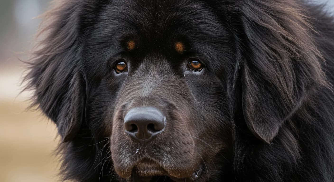 Close-up of a Tibetan Mastiff's face, highlighting its thick mane and expressive eyes