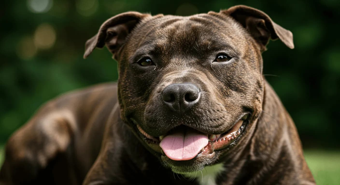 Close-up of an American Staffordshire Terrier resting peacefully with a slight smile