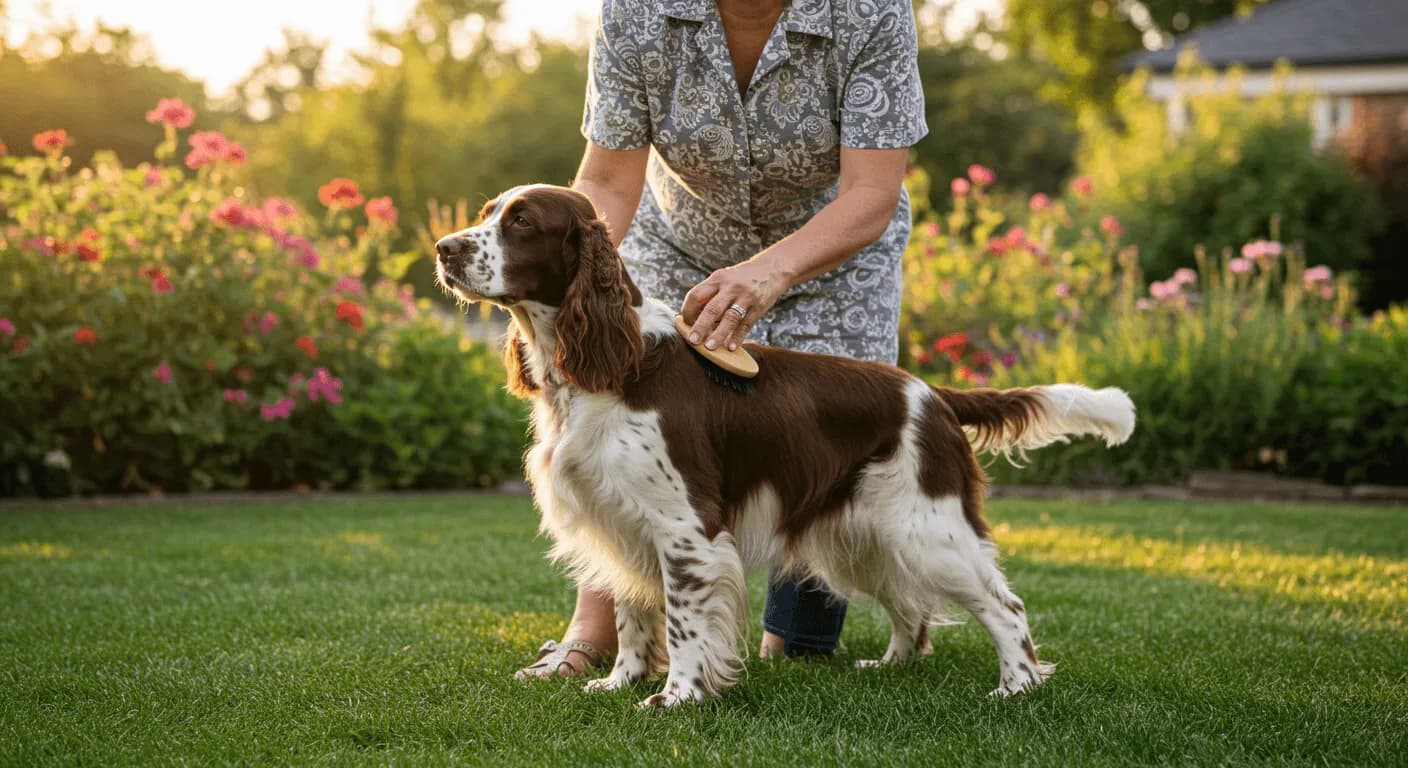 English Springer Spaniel being brushed by owner outside on a sunny day