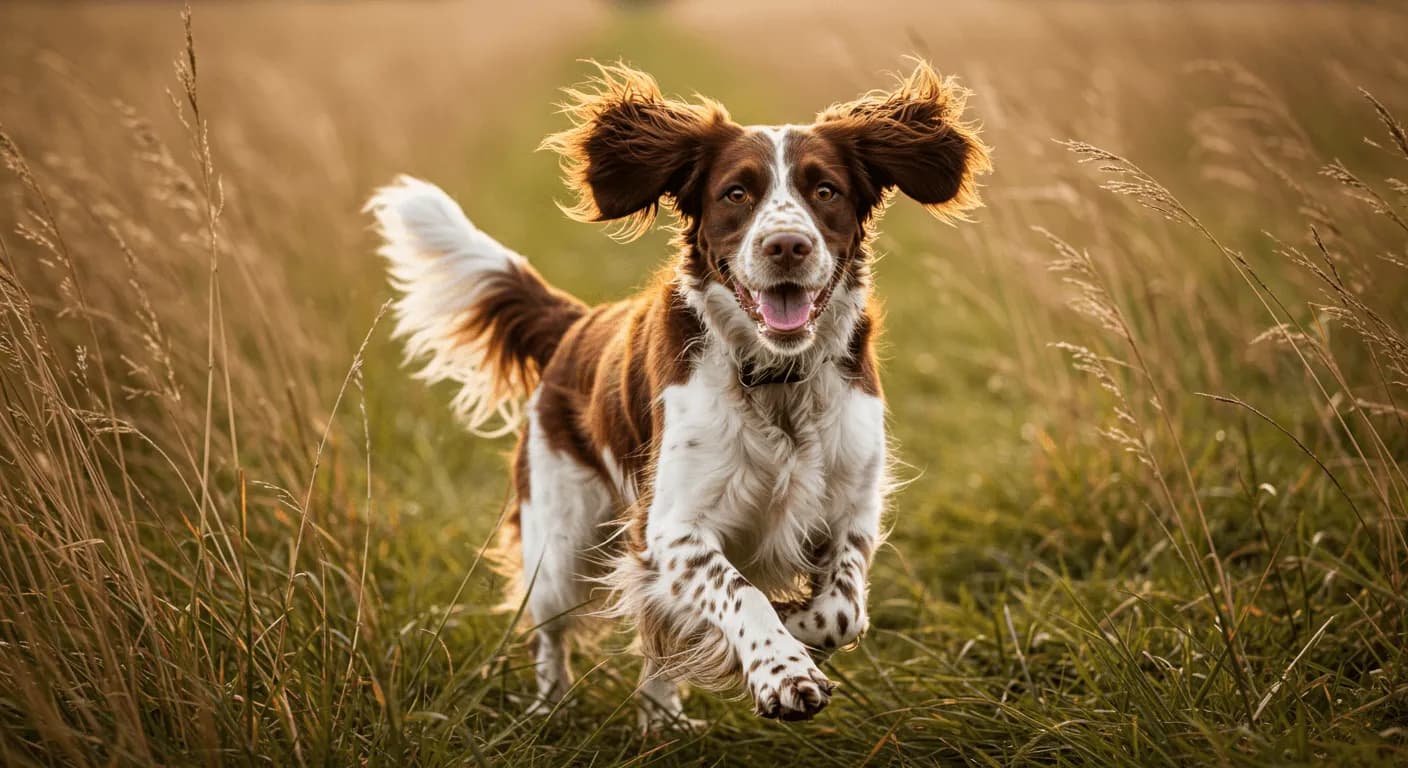 English Springer Spaniel running with a full, undocked tail in a field of tall grass