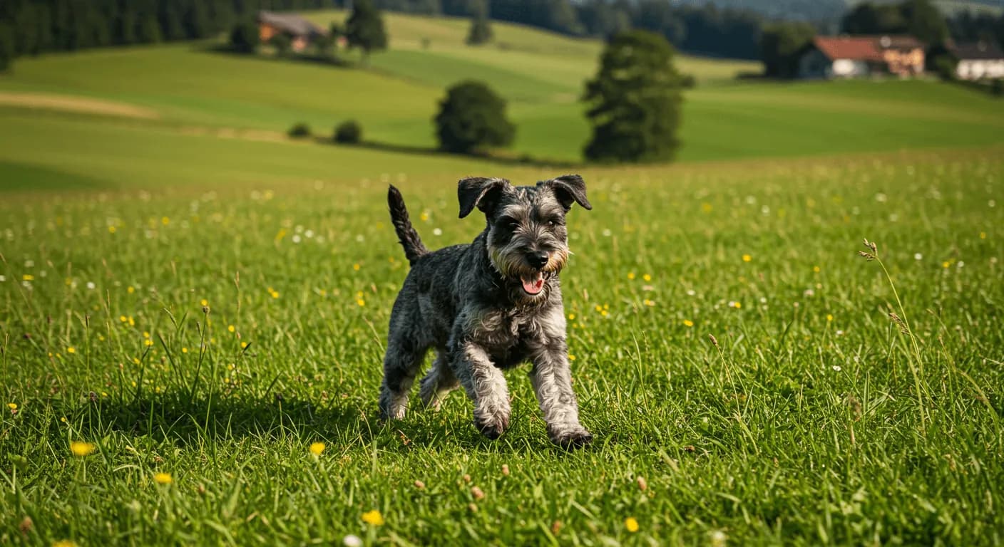 Giant Schnauzer pup running through a lush green pasture in southern Germany