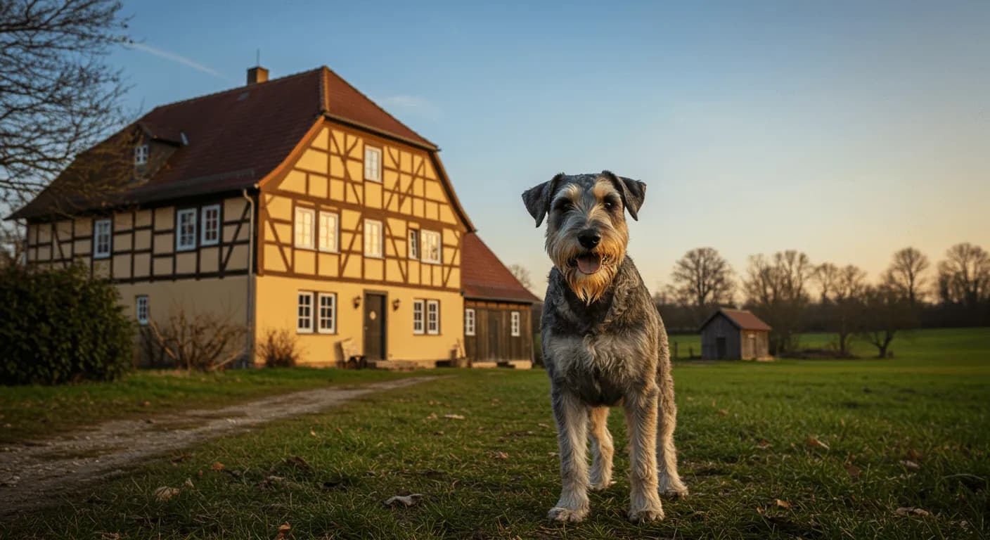 Giant Schnauzer standing guard in front of a traditional German farmhouse