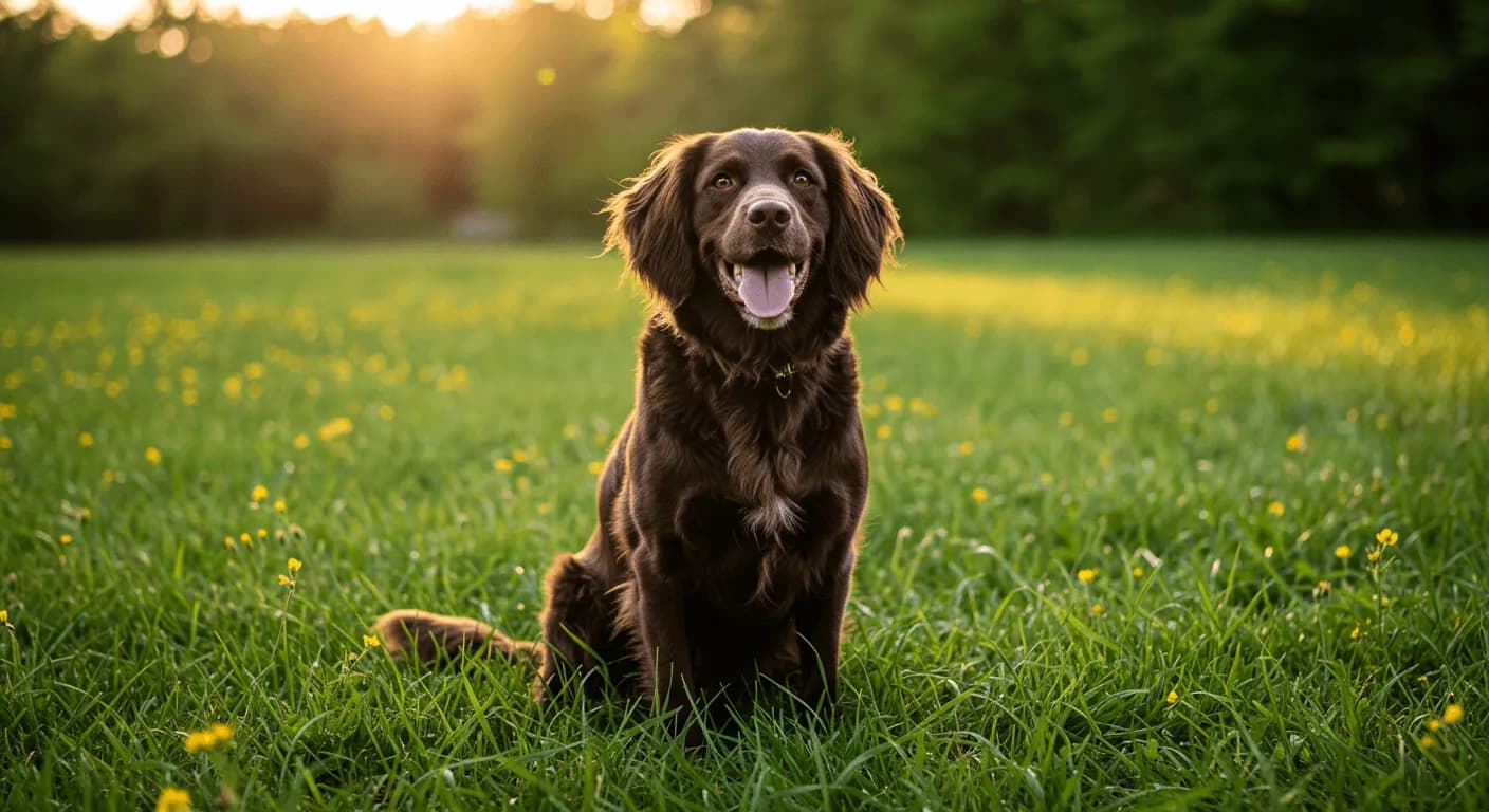 Happy Boykin Spaniel sitting outdoors in a green field on a sunny day