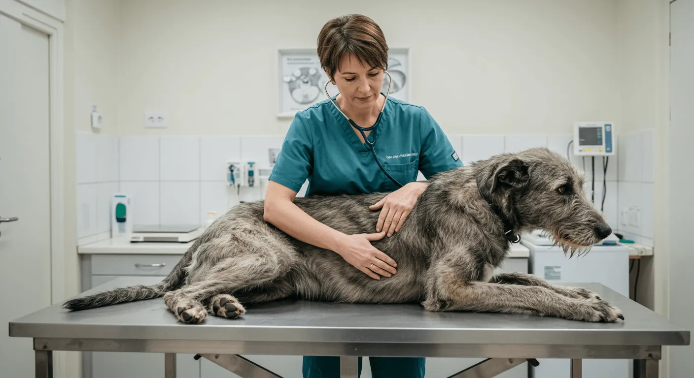 Irish Wolfhound being examined by a veterinarian in a modern clinic