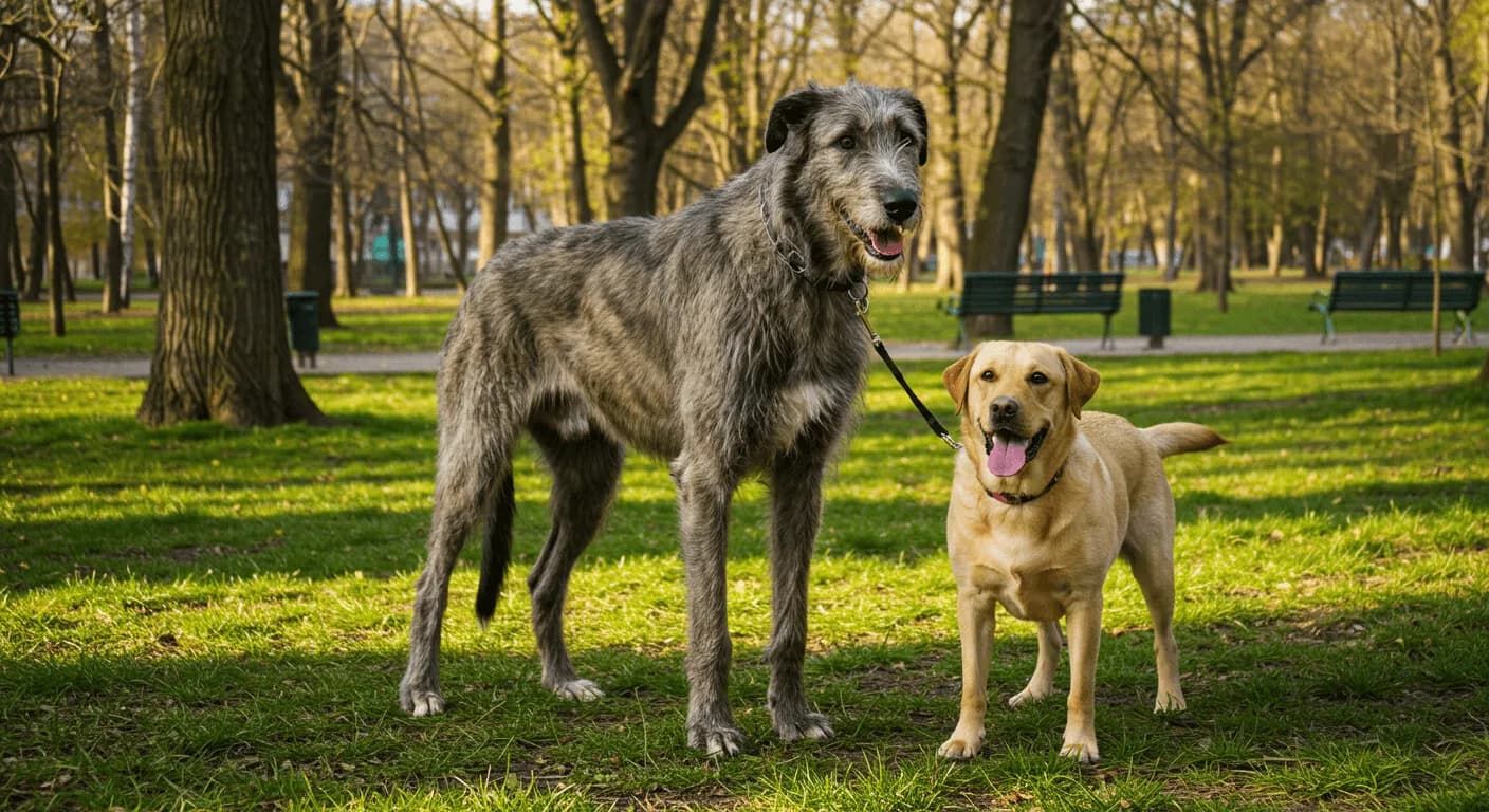 Irish Wolfhound standing next to a Labrador Retriever for size comparison in park