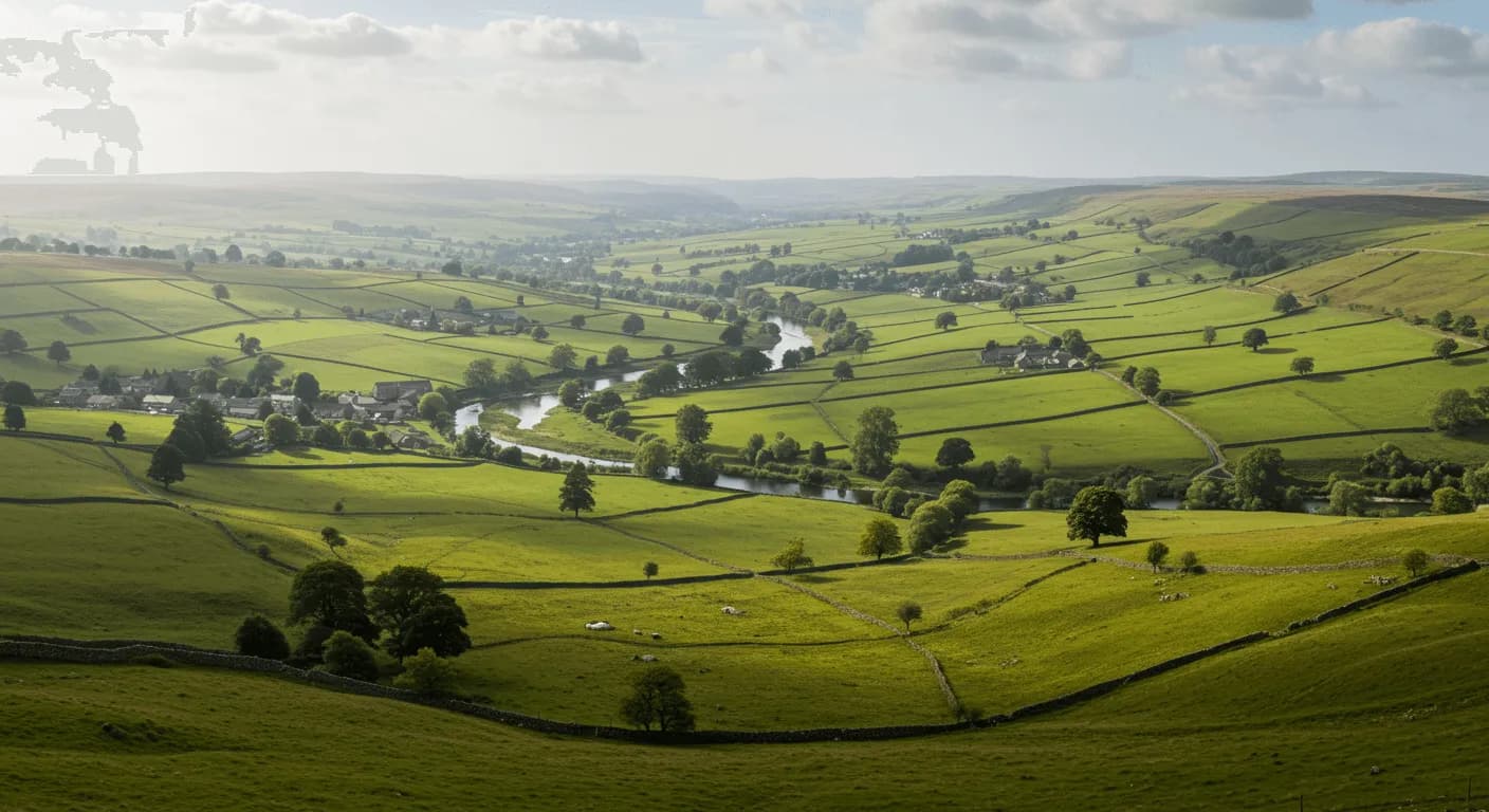 Landscape view of the Aire Valley in Yorkshire, England, home of the Airedale Terrier’s origin