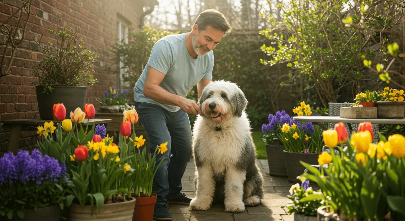 Man brushing an Old English Sheepdog on a patio during spring