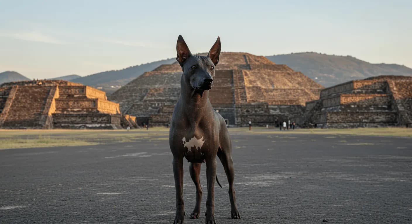 Modern Xoloitzcuintli standing against a backdrop of ancient Aztec ruins