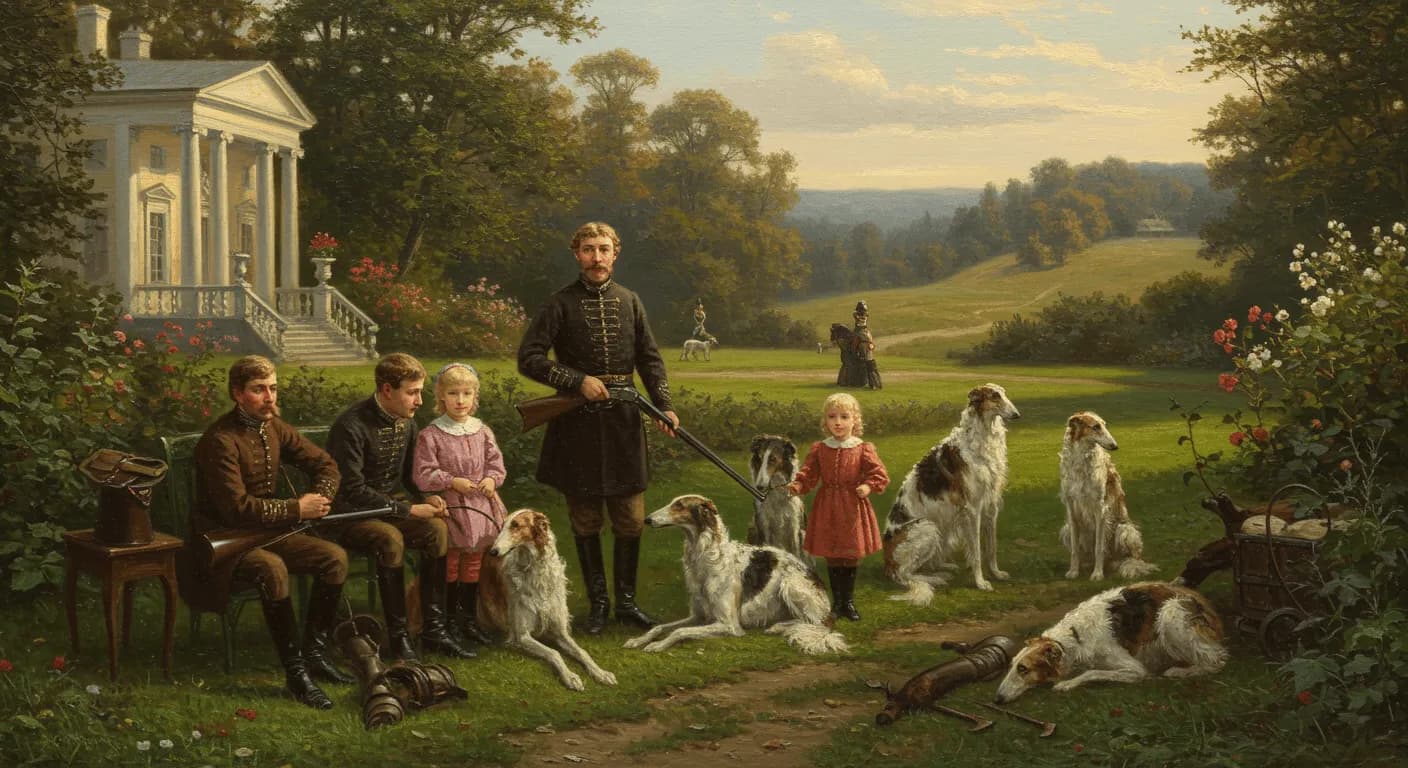 Oil painting of a Russian noble family preparing for a hunt with Borzois at their feet