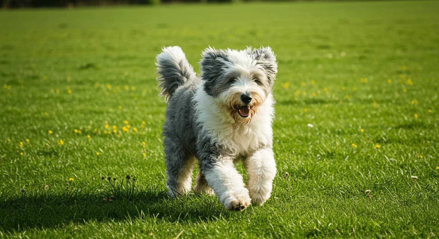 Old English Sheepdog running joyfully across a grassy field