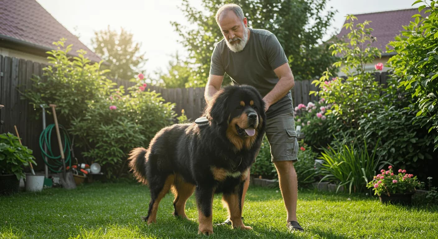 Owner grooming a Tibetan Mastiff in a backyard on a sunny day