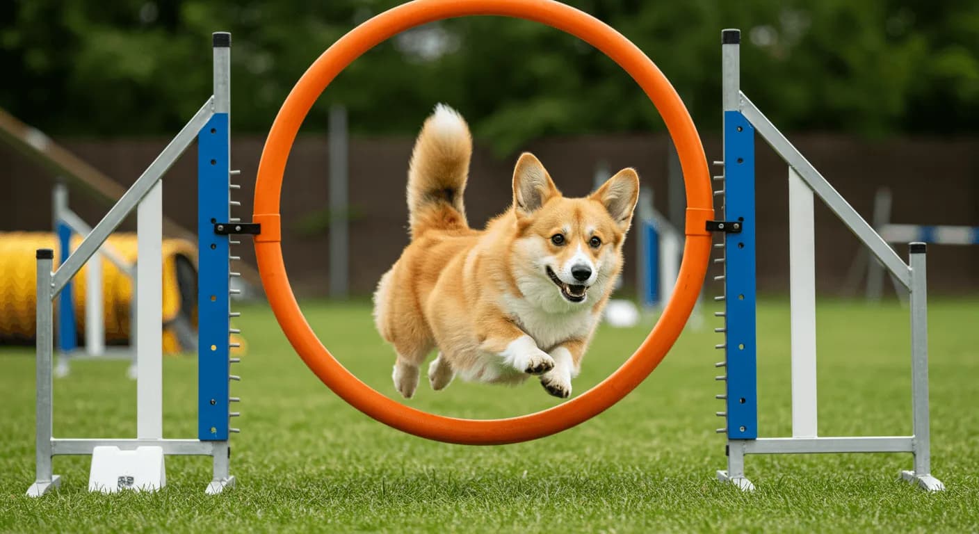 Pembroke Welsh Corgi jumping through an agility course hoop
