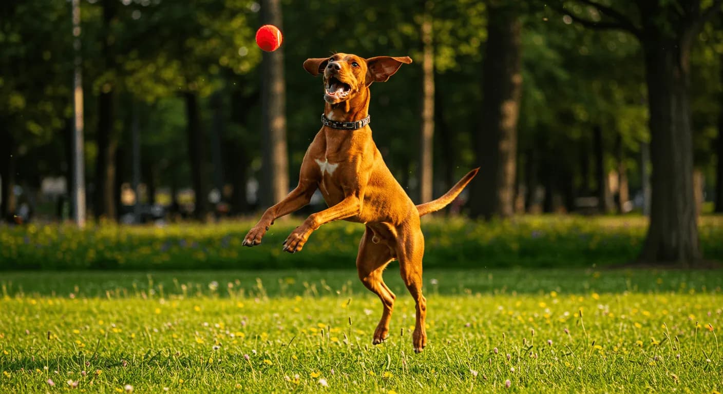 Redbone Coonhound playing fetch with a ball in a sunny park
