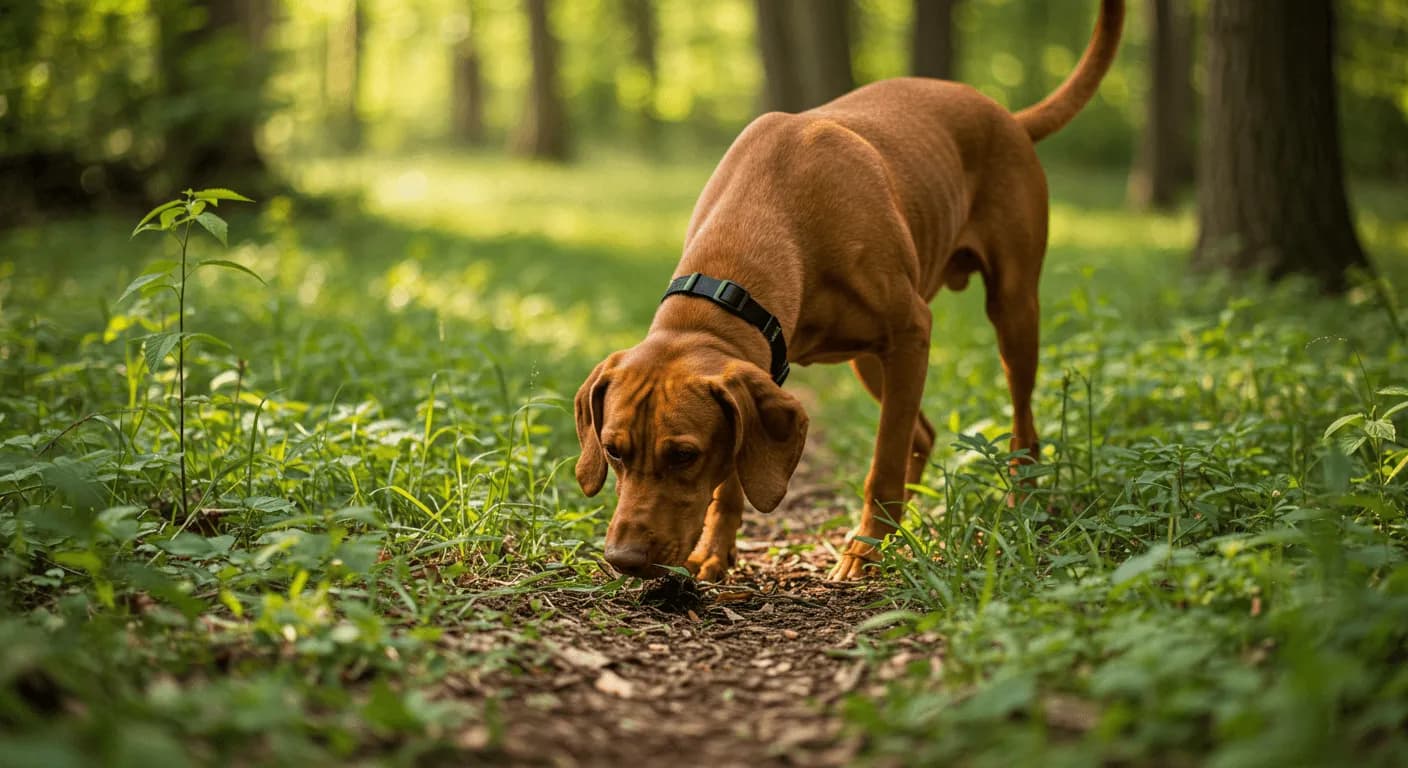 Redbone Coonhound sniffing and exploring a scent trail during an outdoor adventure