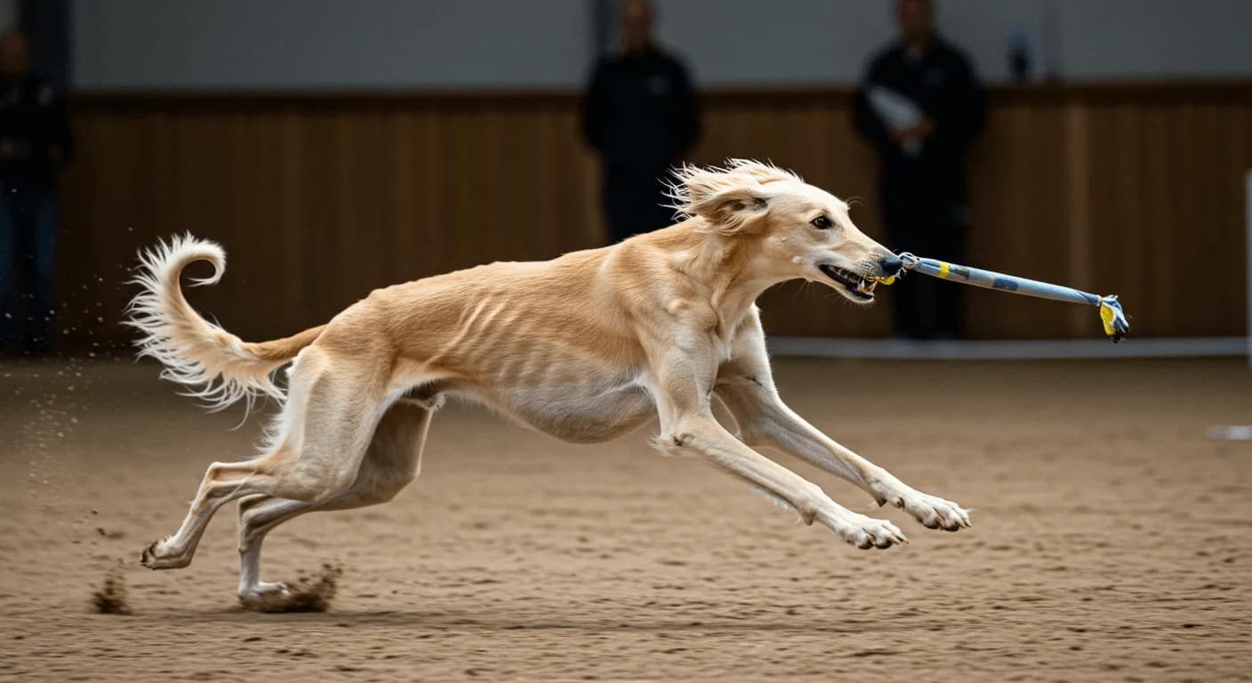 Saluki mid-chase during a professional lure coursing event