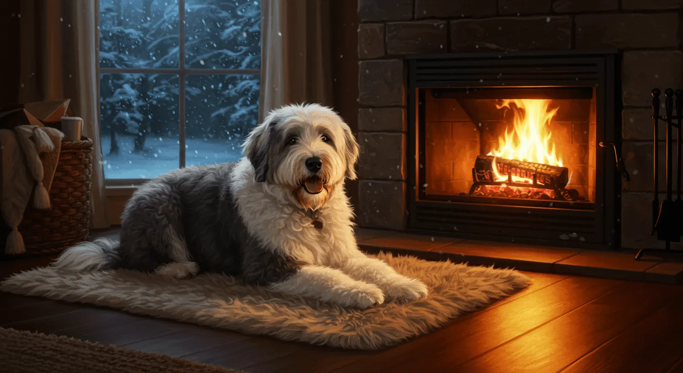 Smiling Old English Sheepdog resting indoors next to a fireplace during winter