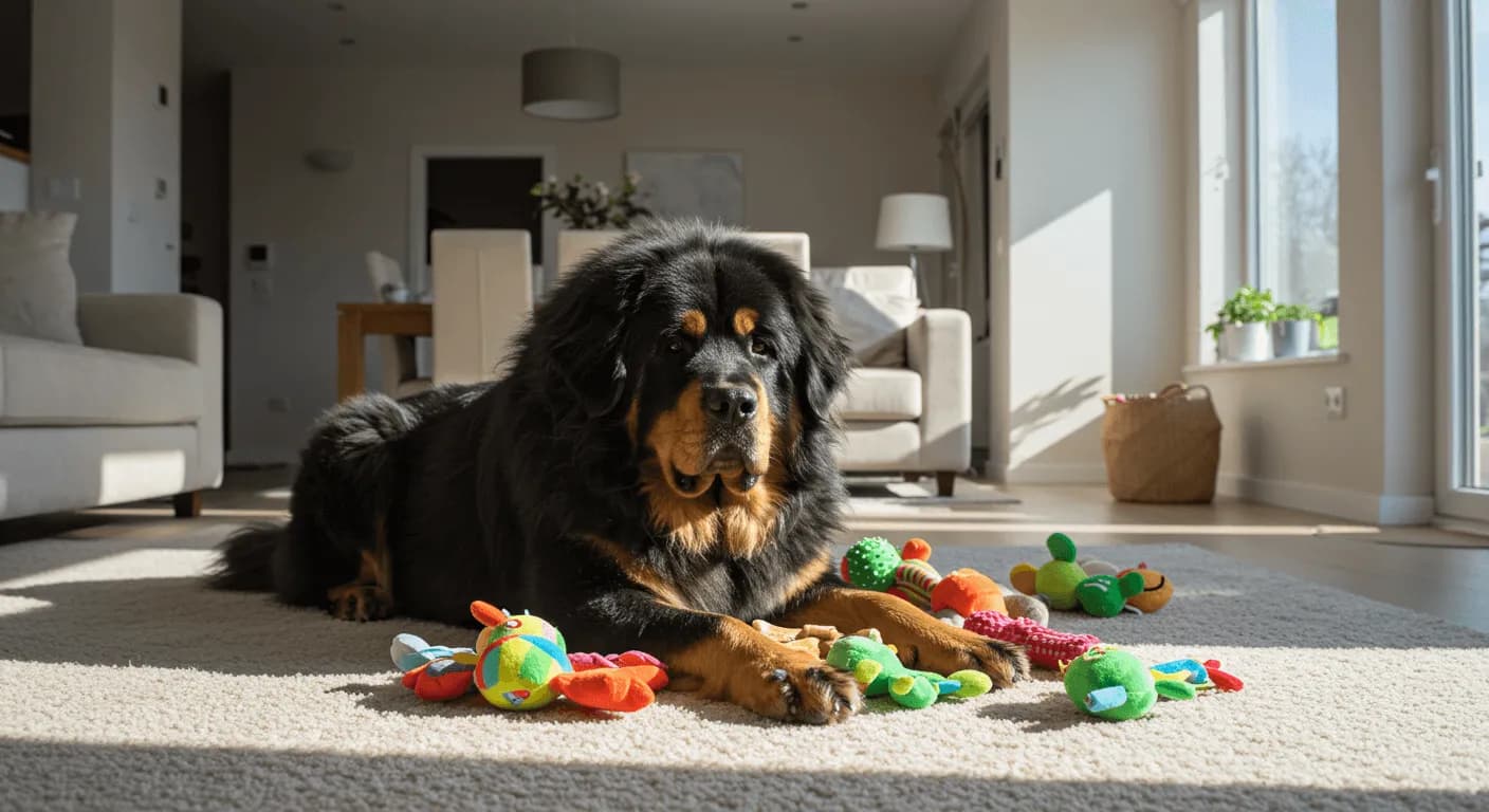 Tibetan Mastiff lying peacefully in a spacious living room with toys and chew treats around