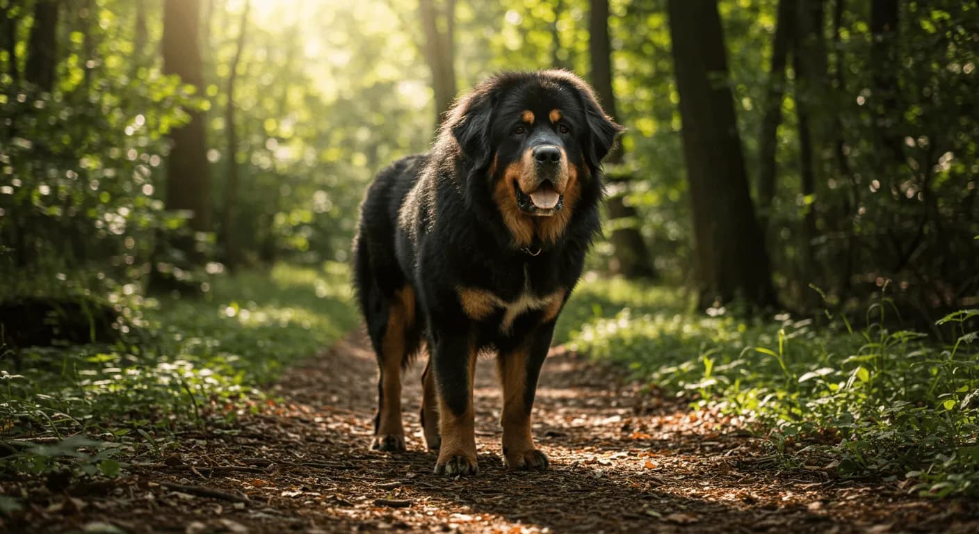 Tibetan Mastiff standing alertly in a forest path with sunlight filtering through trees